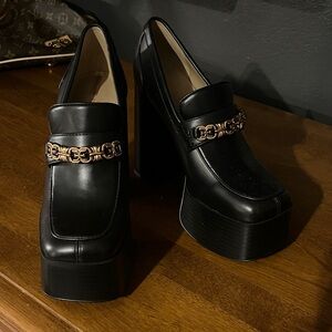 Sam Edelman Black Platform Loafers with Gold Chain Detail